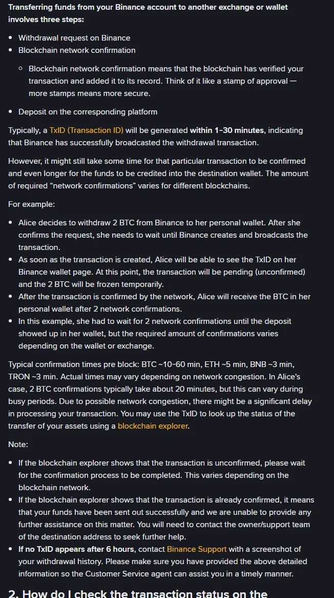 Sezione Frequently Asked Questions della stessa scheda Binance: i tre passaggi del prelievo, la generazione del TxID entro 1-30 minuti, l'esempio di Alice che preleva 2 BTC e attende 2 conferme di rete, e le tre note finali su transazione non confermata, transazione confermata e assenza di TxID dopo 6 ore