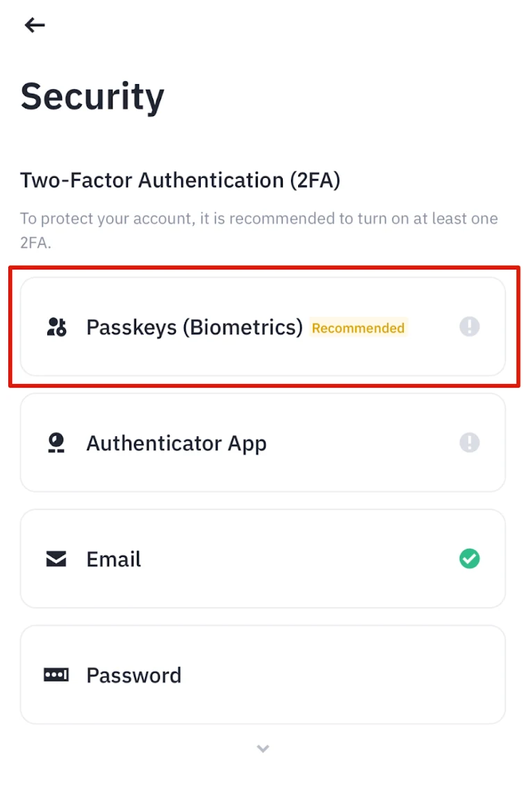 App Binance, schermata Security: "Passkeys (Biometrics)" evidenziata nella sezione Two-Factor Authentication (2FA)