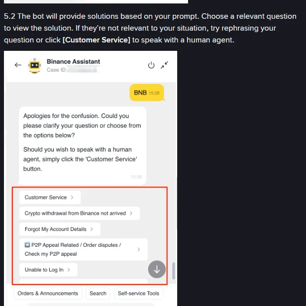 Passaggio 5.2 della FAQ Binance con la schermata di Binance Assistant e il pulsante Customer Service evidenziato in rosso tra le opzioni suggerite