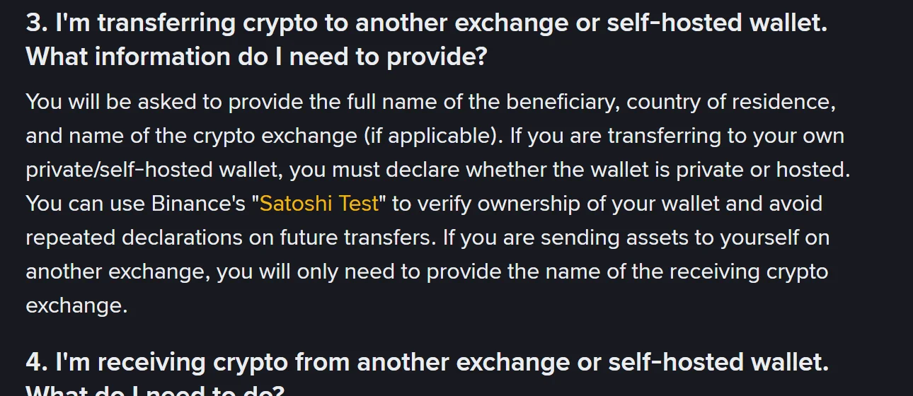 Binance-ன் "What Is the Travel Rule in India?" உதவிப் பக்கத்தில் மூன்றாவது கேள்வி: வேறொரு exchange அல்லது self-hosted wallet-க்கு அனுப்பும்போது beneficiary-ன் முழுப்பெயர், வசிக்கும் நாடு, exchange-ன் பெயர் தேவை என்றும், Satoshi Test மூலம் wallet உரிமையை நிரூபிக்கலாம் என்றும் விளக்கும் பத்தி