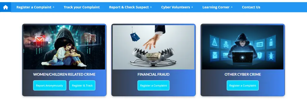 இந்திய உள்துறை அமைச்சகத்தின் National Cyber Crime Reporting Portal முகப்பில் உள்ள மூன்று புகார் வகைகள், நடுவில் Financial Fraud பிரிவு