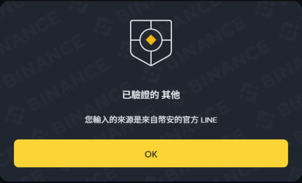 用「其他」類型查詢幣安官方 LINE OpenChat 群連結的結果視窗,顯示「已驗證的 其他/您輸入的來源是來自幣安的官方 LINE」