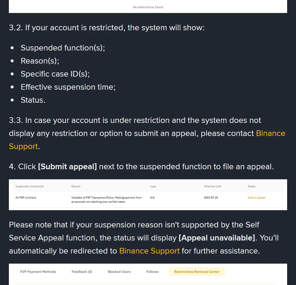 Sezione della FAQ ufficiale sul Centro rimozione restrizioni P2P di Binance: l'elenco dei campi mostrati (funzione sospesa, motivo, ID caso, durata, stato), la tabella di esempio con il pulsante «Submit appeal» e la nota sullo stato «Appeal unavailable»