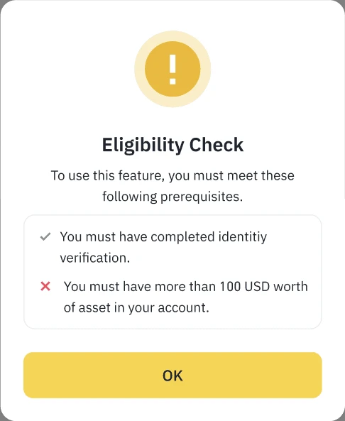 Pop-up "Eligibility Check": verifica identità completata e oltre 100 USD di asset come requisiti della funzione