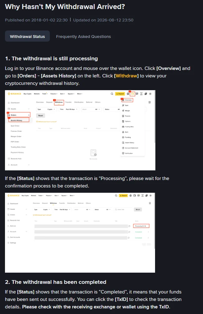 Scheda del Centro assistenza Binance "Why Hasn't My Withdrawal Arrived?", pubblicata il 2 gennaio 2018 e aggiornata il 12 agosto 2026, con le due sezioni sullo stato del prelievo e le schermate dello storico transazioni che mostrano gli stati Processing e Completed