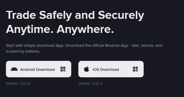 Pagina Download ufficiale di Binance con i pulsanti Android Download e iOS Download e i numeri di versione