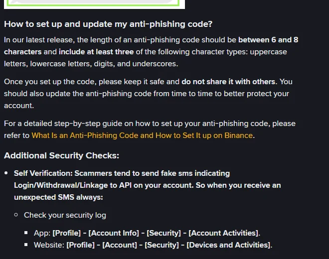 Binance FAQ-ல் உள்ள விதிகள்: anti-phishing code 6 முதல் 8 எழுத்துகள், uppercase, lowercase, digits, underscores ஆகியவற்றில் குறைந்தது மூன்று வகைகள்; கீழே security log-ஐப் பார்க்கும் App மற்றும் Website பாதைகள்