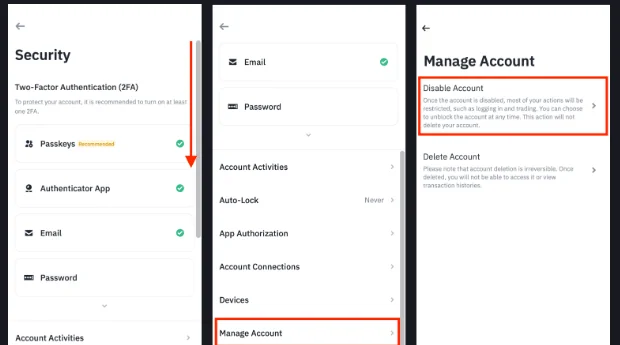 Binance அதிகாரப்பூர்வ FAQ-ல் உள்ள App படிகள்: Security பக்கம், Account Activities, Devices, Manage Account வரிகள், மற்றும் Disable Account, Delete Account என்ற இரண்டு options கொண்ட Manage Account திரை