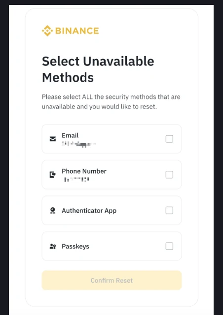Binance அதிகாரப்பூர்வ உதவி பக்கத்தில் உள்ள Select Unavailable Methods திரை. Email, Phone Number, Authenticator App, Passkeys என்ற நான்கு tick பெட்டிகளும் கீழே Confirm Reset பொத்தானும் தெரிகின்றன; எடுத்துக்காட்டு email மற்றும் phone number Binance-ஆலேயே மங்கலாக்கப்பட்டுள்ளன