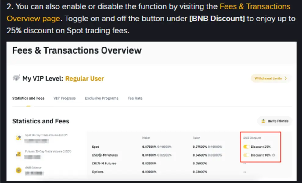 Passaggio 2 della pagina di assistenza Binance: attivare BNB Discount dalla pagina Fees & Transactions Overview, con lo screenshot ufficiale dei toggle Discount 25% e Discount 10%