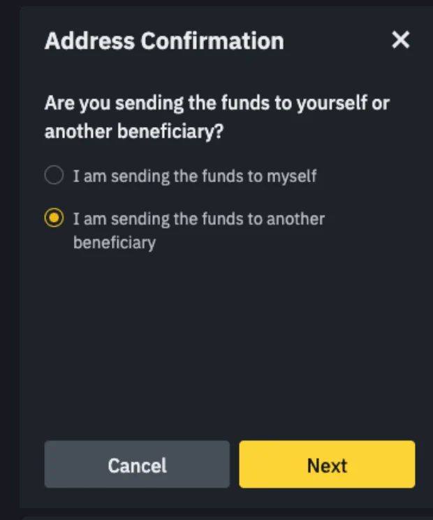 Finestra Address Confirmation di Binance con la domanda Are you sending the funds to yourself or another beneficiary e le due opzioni selezionabili