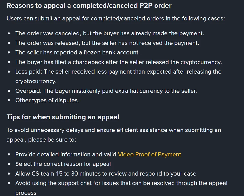 Binance உதவிப் பக்கம், முடிந்த/ரத்தான P2P order-க்கு appeal செய்யக்கூடிய ஏழு காரணங்களின் பட்டியலும், appeal சமர்ப்பிக்கும்போது கவனிக்க வேண்டிய ஆலோசனைகளும்: சரியான காரணத்தைத் தேர்ந்தெடுப்பது, Video Proof of Payment இணைப்பது, CS குழுவுக்கு 15 முதல் 30 நிமிடம் அவகாசம் கொடுப்பது