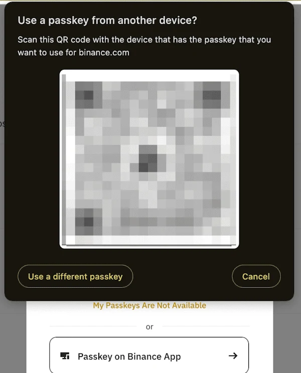 Pop-up del browser "Use a passkey from another device?" con QR code e link "My Passkeys Are Not Available"