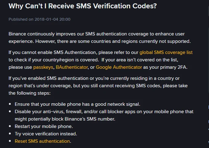 Scheda del Centro assistenza Binance intitolata Why Can't I Receive SMS Verification Codes, con il rimando alla lista di copertura SMS globale e l'elenco dei controlli: segnale, antivirus e app blocca-chiamate, riavvio del telefono, verifica vocale, reset dell'autenticazione SMS