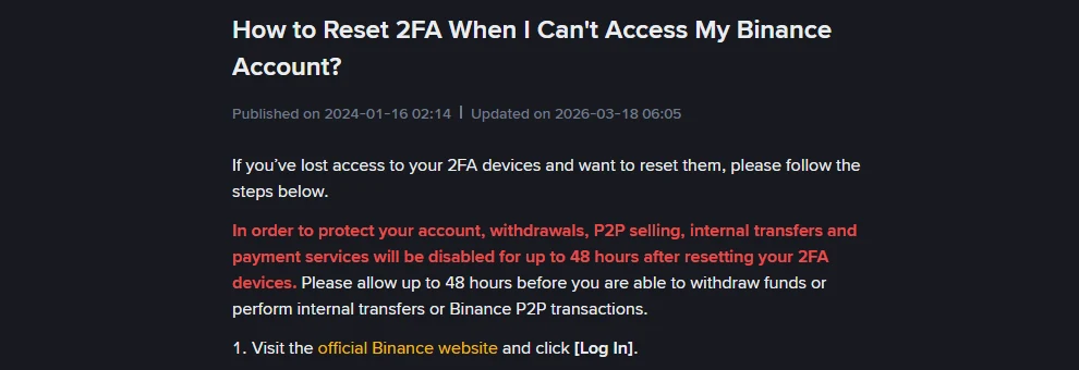 Verifica di sicurezza Binance non riuscita: codice 2FA, SMS e reset