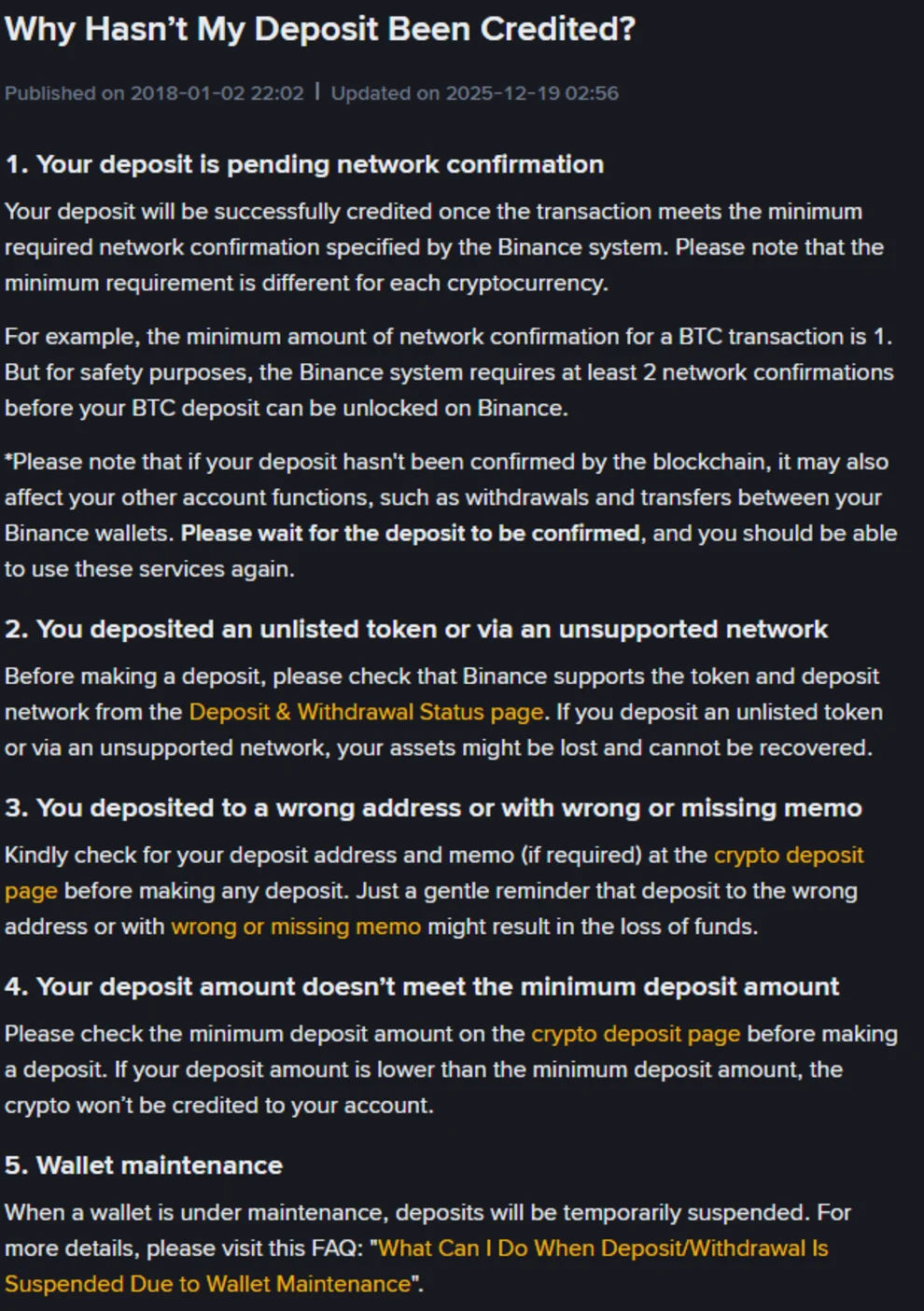 Scheda del Centro assistenza Binance intitolata Why Hasn't My Deposit Been Credited, aggiornata il 19 dicembre 2025, con le cinque cause elencate: conferme di rete in attesa, token o rete non supportati, indirizzo errato o memo mancante, importo sotto il minimo e manutenzione del wallet