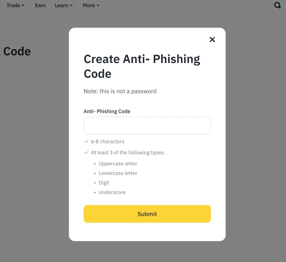 Modulo reale Binance Create Anti-Phishing Code con il campo vuoto e le regole su lunghezza e tipi di carattere