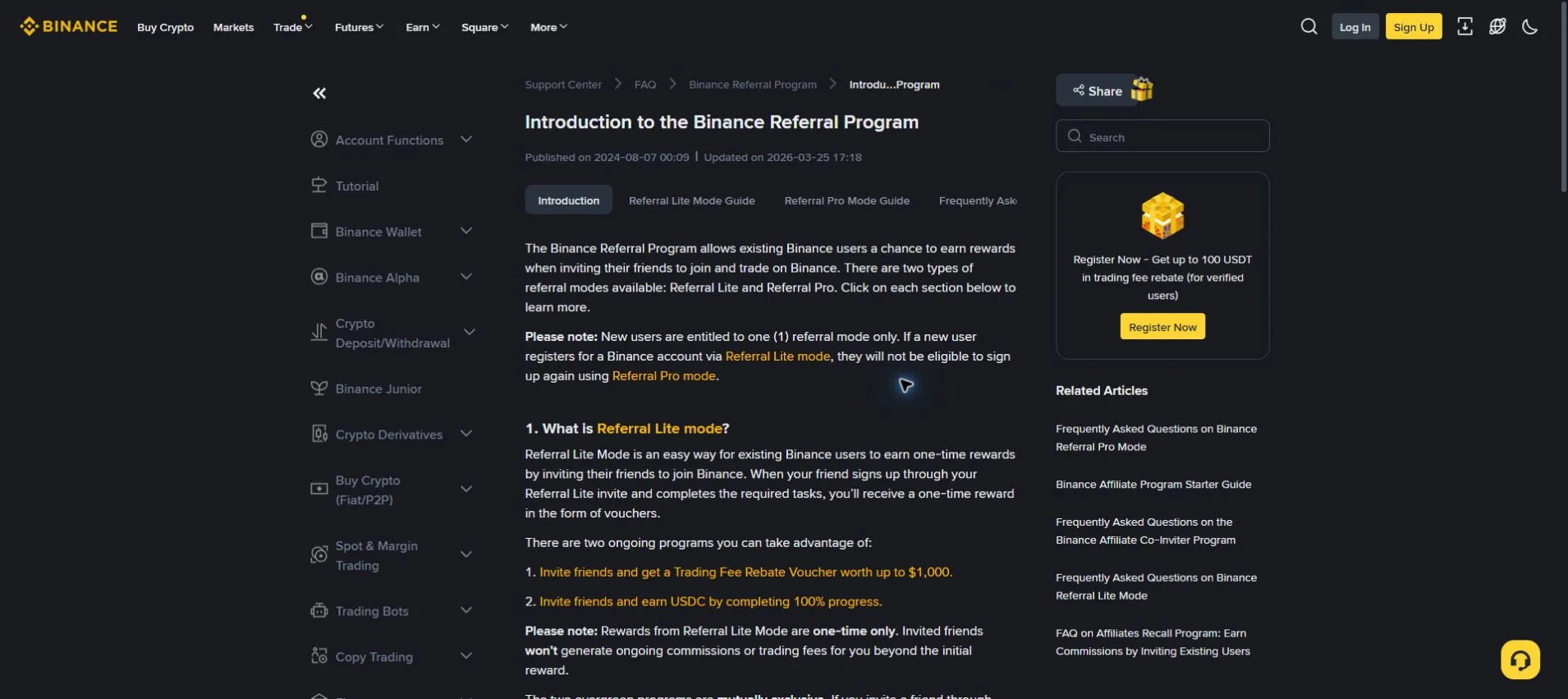 Pagina reale del Centro assistenza Binance con l’introduzione al programma referral e la nota secondo cui un nuovo utente può utilizzare una sola modalità referral