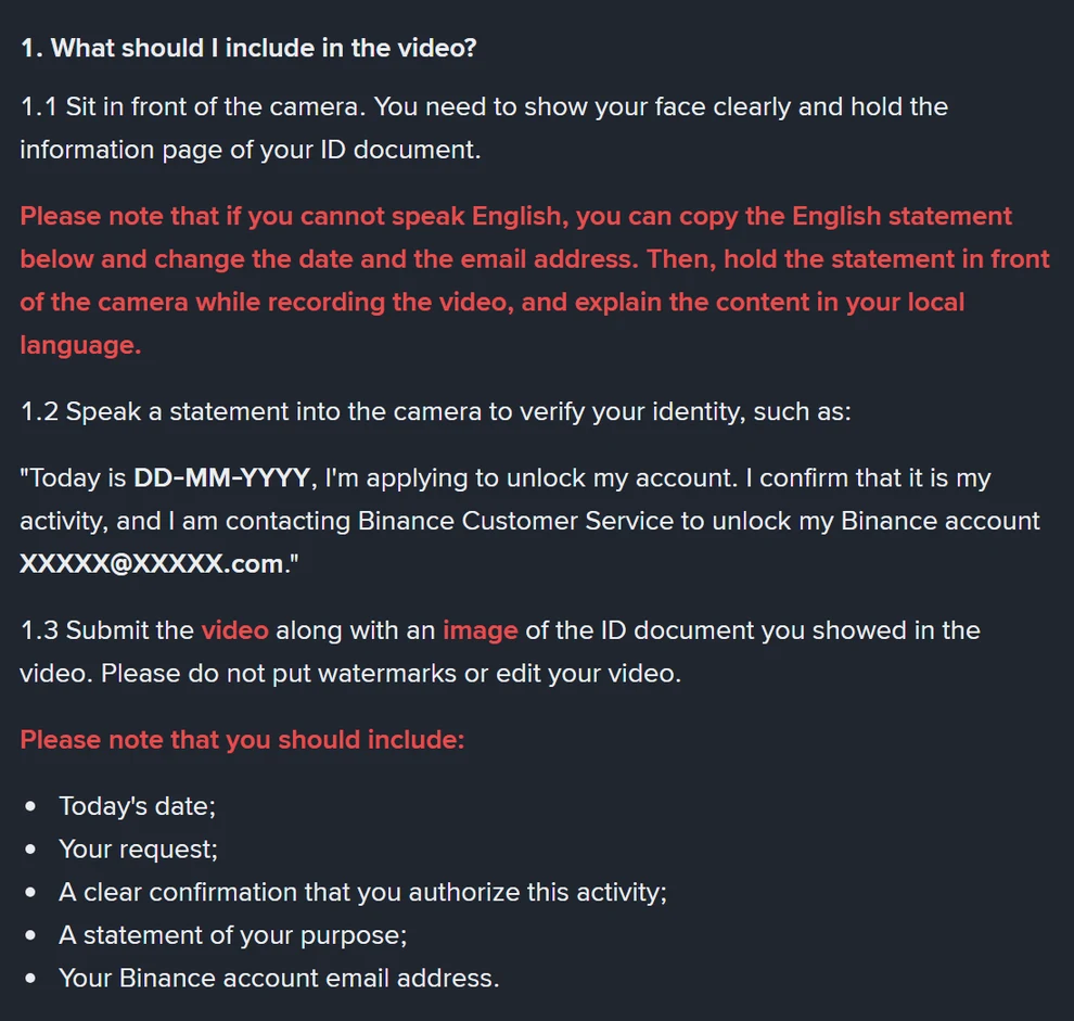 Pagina ufficiale Binance sullo sblocco dell'account con video: elenco dei requisiti, nota in rosso per chi non parla inglese, testo della dichiarazione da leggere e cinque elementi obbligatori da includere nel video
