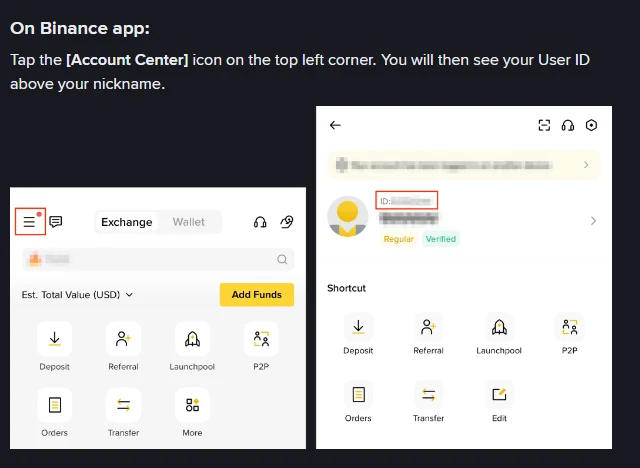 Binance அதிகாரப்பூர்வ FAQ-ன் On Binance app பகுதி: இடது மேல் மூலையில் உள்ள Account Center icon சிவப்புக் கட்டத்தில் குறிக்கப்பட்டுள்ளது, வலது திரையில் nickname-க்கு மேலே ID புலம் சிவப்புக் கட்டத்தில் குறிக்கப்பட்டுள்ளது