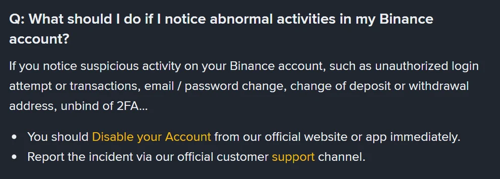 Sezione domande e risposte della pagina ufficiale Binance Account Security Tips: alla domanda su cosa fare in caso di attività anomale, la risposta elenca accessi non autorizzati, cambio email o password e disattivazione del 2FA, e indica di disabilitare l'account e segnalare l'incidente al supporto ufficiale