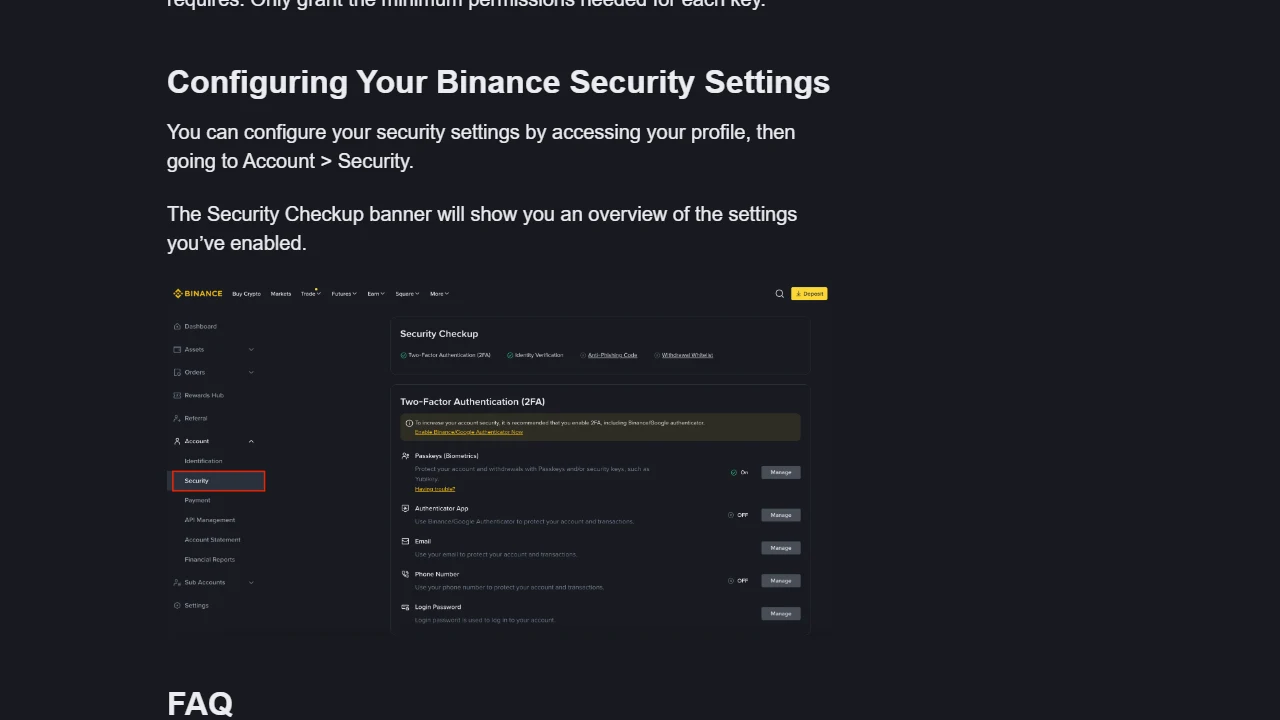 Pagina ufficiale Binance Academy con il percorso Account → Security, Security Checkup e la sezione Two-Factor Authentication con Authenticator App