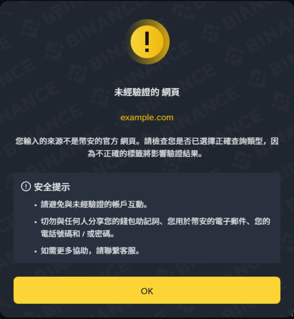 幣安官方驗證查詢 example.com 後跳出的未通過視窗,標題為「未經驗證的 網頁」,回顯輸入內容並附三條安全提示