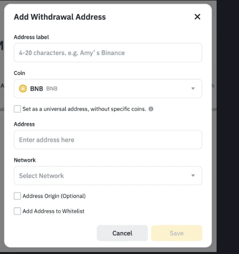 Binance-ன் Add Withdrawal Address படிவம்: Address label, Coin, Address, Network புலங்களும் Address Origin மற்றும் Add Address to Whitelist தேர்வுப் பெட்டிகளும்