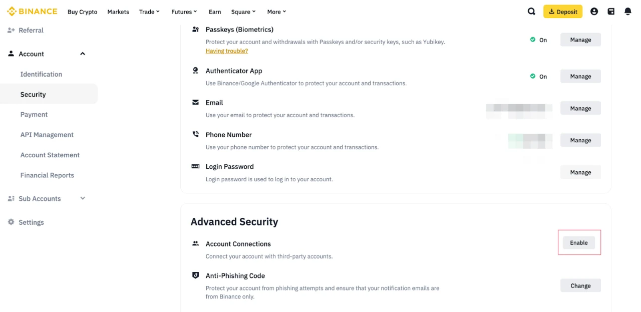 Schermata reale Binance della sezione Account e Security con la voce Anti-Phishing Code nell’area Advanced Security