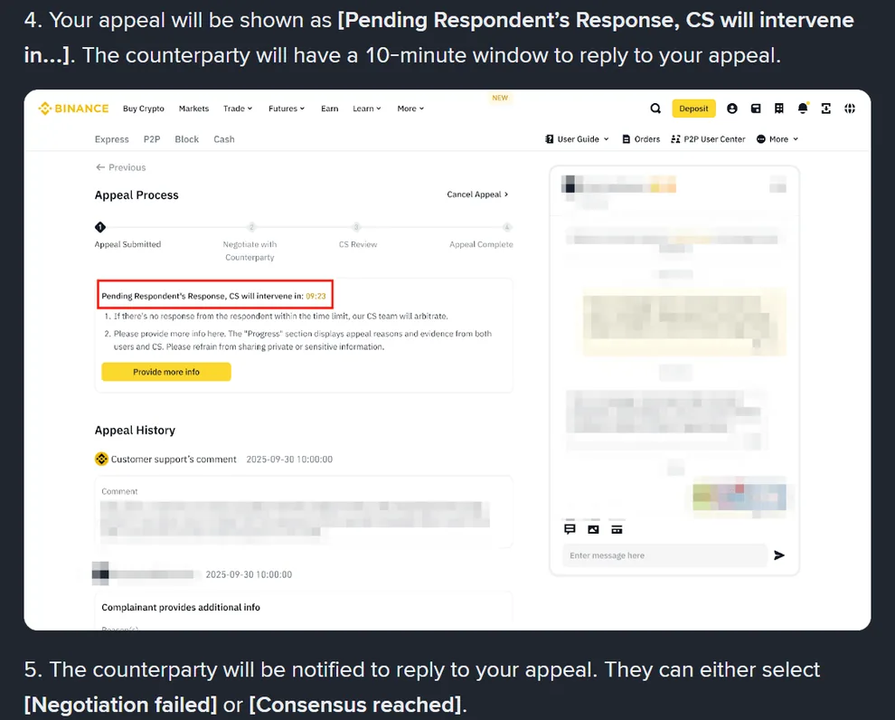 Binance உதவிப் பக்கத்தின் appeal படி 4: appeal நிலை "Pending Respondent's Response, CS will intervene in…" எனக் காட்டுவதும், எதிர்த் தரப்புக்கு 10 நிமிட அவகாசம் இருப்பதும் விளக்கப்பட்டுள்ளது; அதனுடன் Appeal Process நான்கு நிலைகளைக் காட்டும் அதிகாரபூர்வ திரை விளக்கப்படம்
