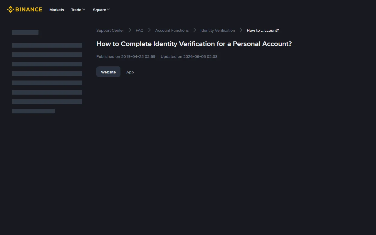 Binance அதிகாரப்பூர்வ Support Center-இல் உள்ள “How to Complete Identity Verification for a Personal Account” பக்கம்; Personal Account KYC தலைப்பு மற்றும் 2026-06-05 update தேதி தெரிகிறது