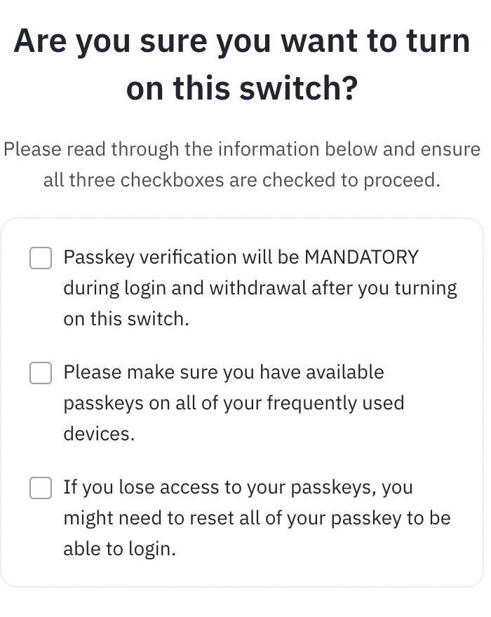 Pop-up "Are you sure you want to turn on this switch?" con le tre caselle da spuntare prima di attivare la funzione