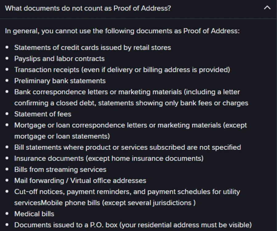 Binance உதவி பக்கத்தின் "What documents do not count as Proof of Address?" பகுதி; retail store credit card statement, payslip, transaction receipt, streaming service bill, P.O. box முகவரி உள்ளிட்ட ஏற்கப்படாத ஆவணங்களின் பட்டியல்