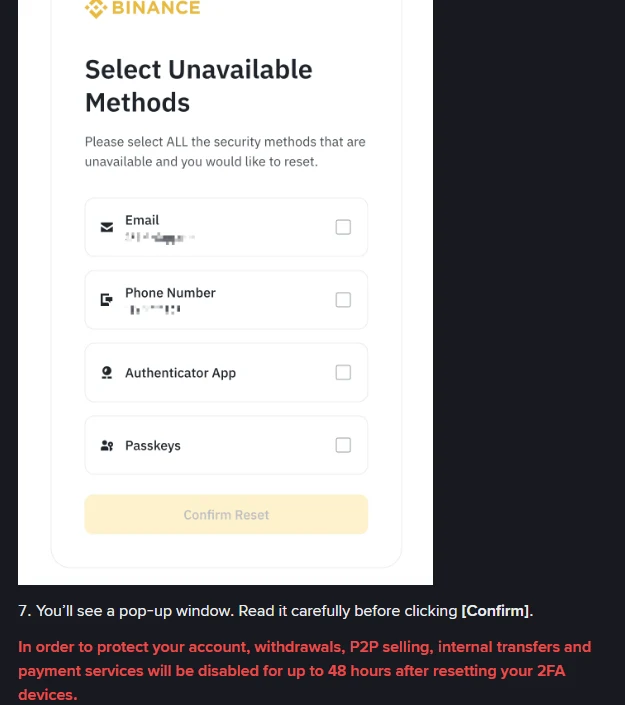 Schermata della procedura ufficiale di reset 2FA di Binance: il pannello Select Unavailable Methods con le caselle Email, Phone Number, Authenticator App e Passkeys, seguito dall'avviso in rosso che prelievi, vendite P2P, trasferimenti interni e servizi di pagamento restano disattivati fino a 48 ore dopo il reset