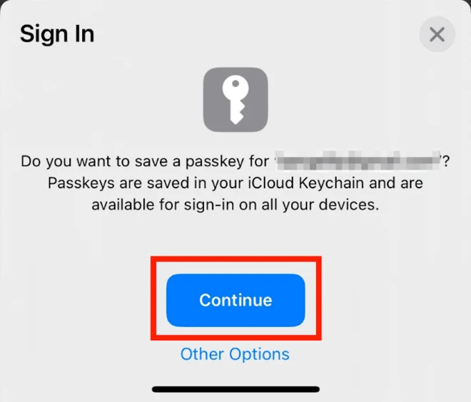iOS 系統的 Sign In 彈出視窗，詢問是否要為該網站儲存通行密鑰，說明文字寫著 Passkeys are saved in your iCloud Keychain and are available for sign-in on all your devices，下方 Continue 按鈕以紅框標示，帳號名稱由官方模糊處理