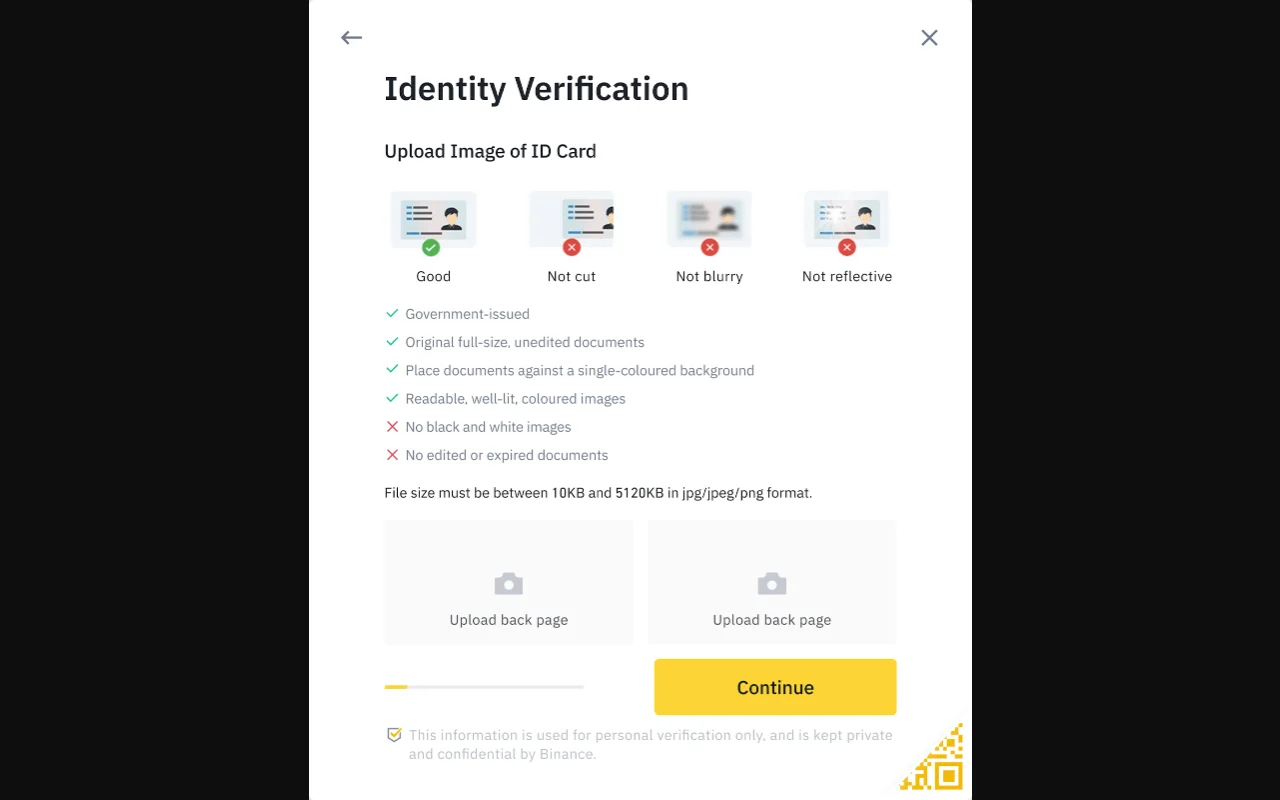 Binance அதிகாரப்பூர்வ KYC உதவிக் கட்டுரையில் உள்ள உண்மையான Identity Verification upload screen; முழு ID, crop செய்யாத படம், blur மற்றும் reflection இல்லாத photo பற்றிய எடுத்துக்காட்டுகள் தெரிகின்றன