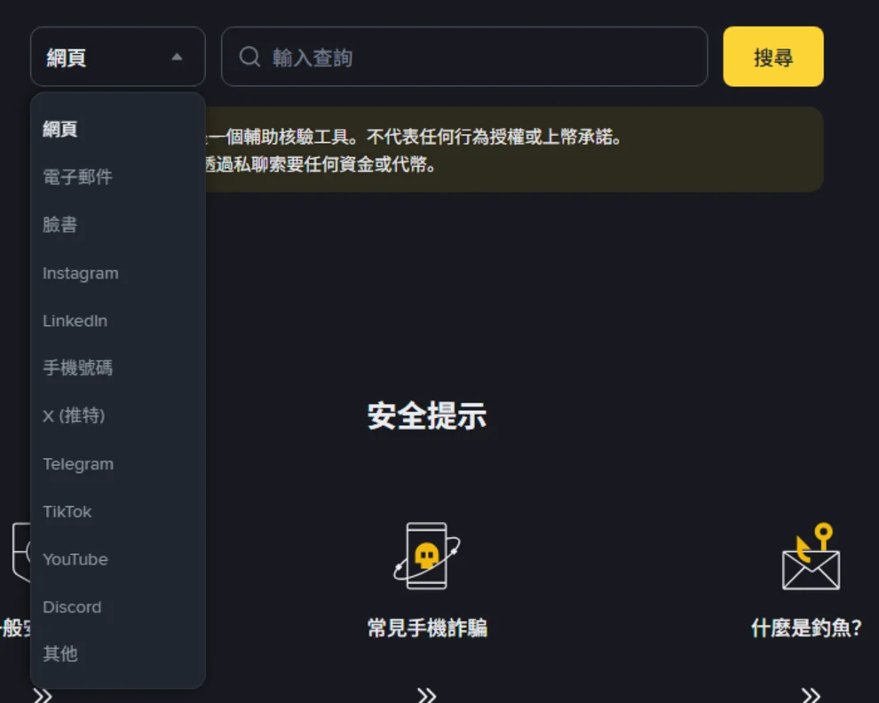 幣安官方驗證頁的查詢類型選單展開,列出網頁、電子郵件、臉書、Instagram、LinkedIn、手機號碼、X (推特)、Telegram、TikTok、YouTube、Discord、其他共 12 個選項