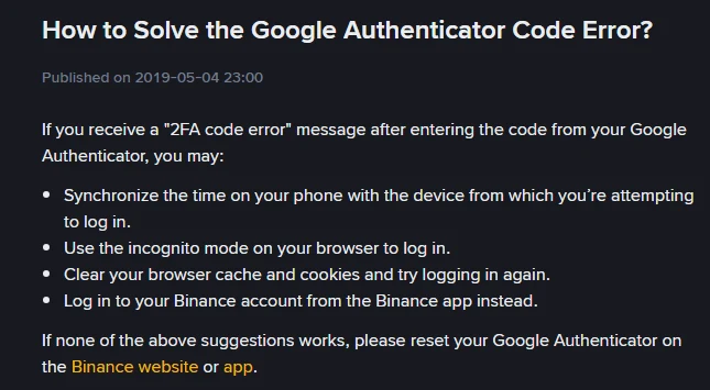Scheda del Centro assistenza Binance intitolata How to Solve the Google Authenticator Code Error, con i quattro passaggi consigliati: sincronizzare l'ora del telefono, usare la modalità in incognito, svuotare cache e cookie, accedere dall'App Binance