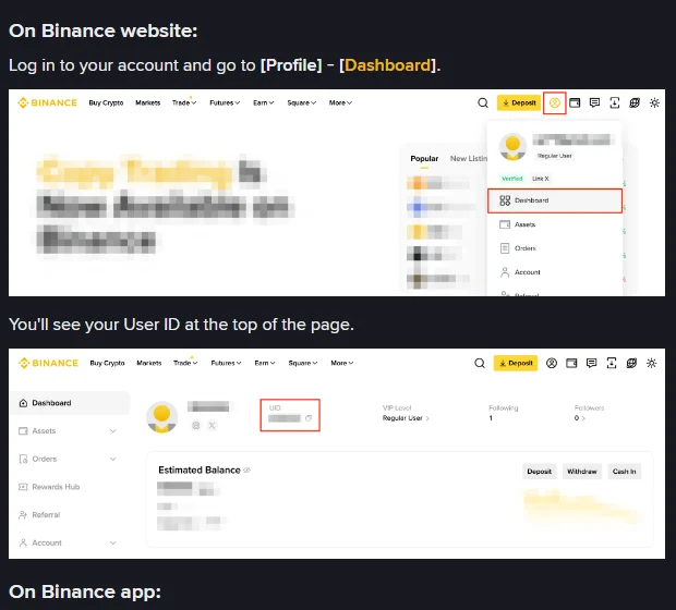 Schermate della FAQ Binance: il menu Profilo con la voce Dashboard evidenziata in rosso e la pagina Dashboard con il campo UID evidenziato, con i valori personali già oscurati da Binance
