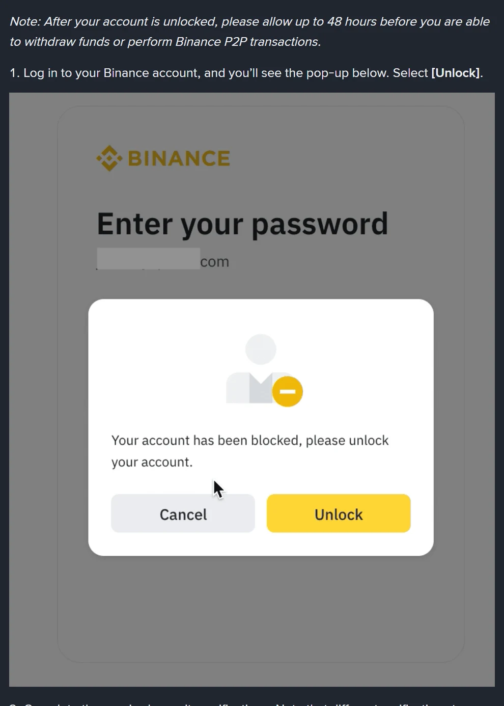 Pagina ufficiale How to Unlock My Binance Account con la nota sulle 48 ore e la schermata del pop-up che compare al login: "Your account has been blocked, please unlock your account" con i pulsanti Cancel e Unlock