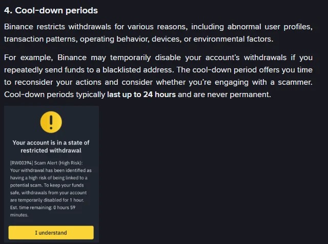 Binance-ன் இந்திய உதவி பக்கத்தில் உள்ள cool-down periods பகுதியும், "Your account is in a state of restricted withdrawal" என்ற scam alert எச்சரிக்கைத் திரையும்