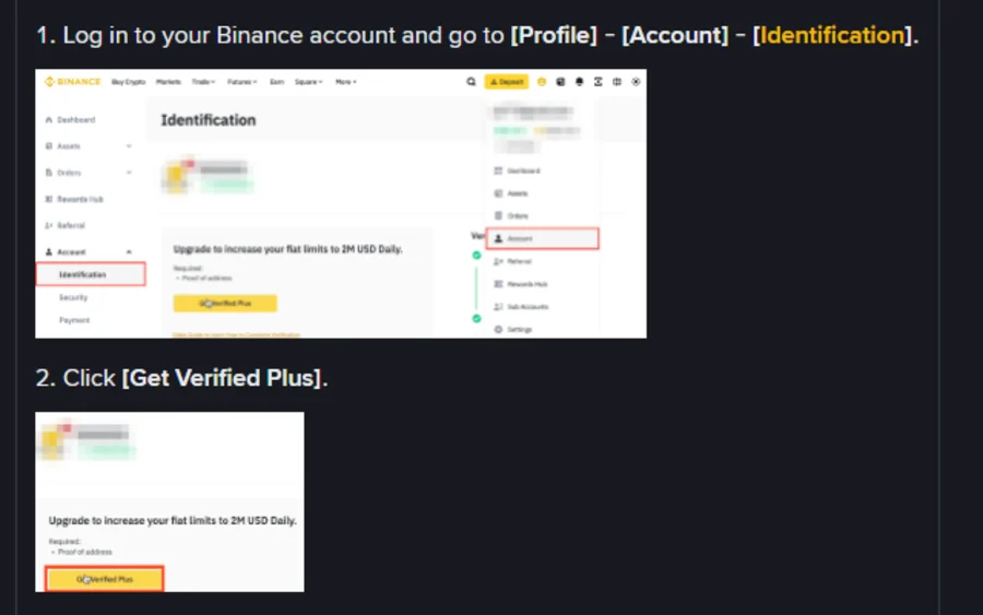 Binance உதவி பக்கத்தின் step-by-step guide-ல் உள்ள முதல் இரண்டு படிகள்; [Profile] - [Account] - [Identification] பாதையும் [Get Verified Plus] பொத்தானும் சிவப்புப் பெட்டியால் குறிக்கப்பட்டுள்ளன
